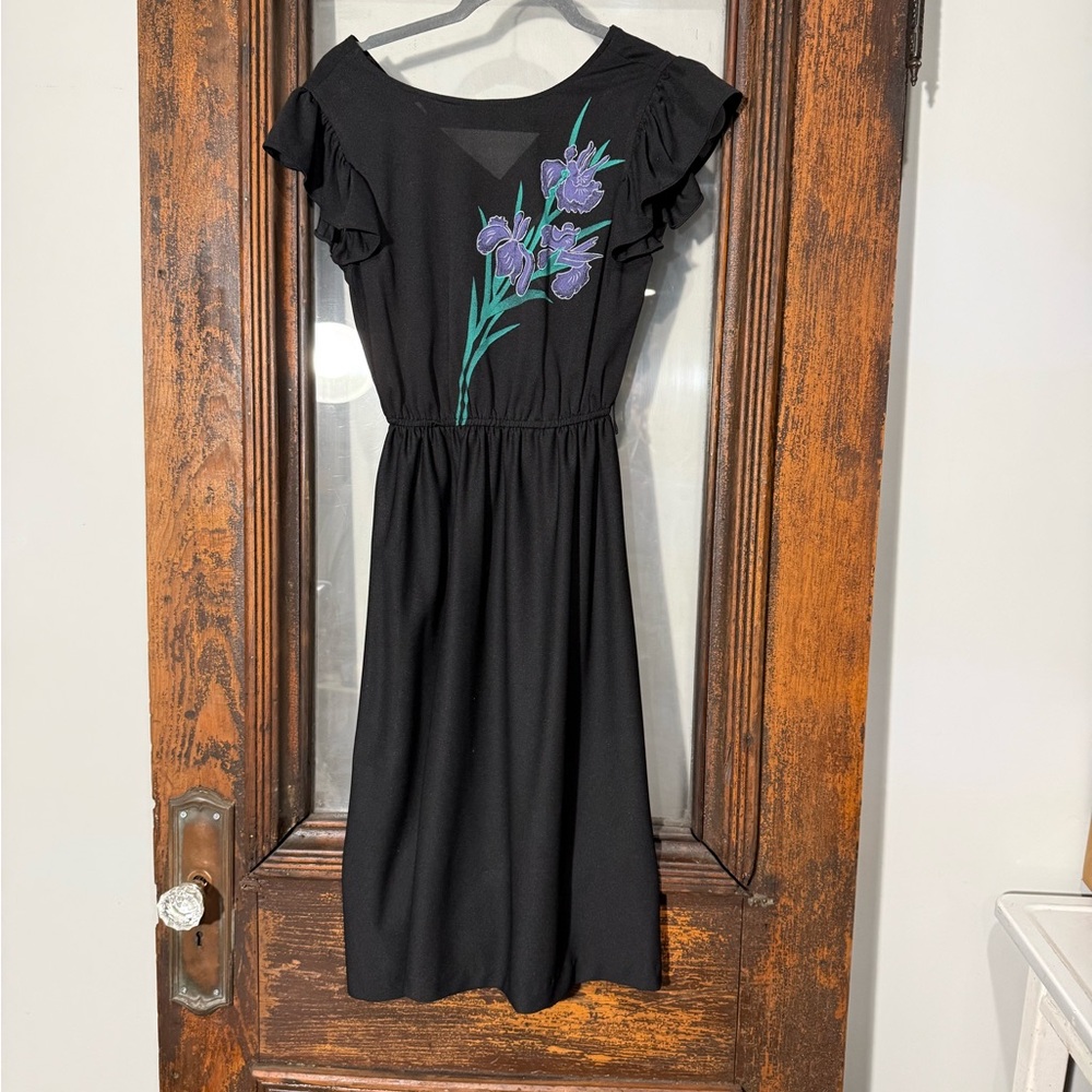 Chic Black Midi Dress with Purple Floral Design